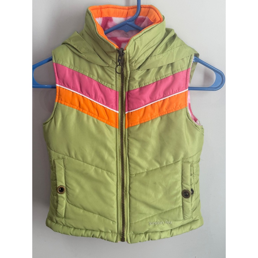 London Fog Girls Lime Green Chevron Puffer Vest Fleece Lined Hooded Sleeveless